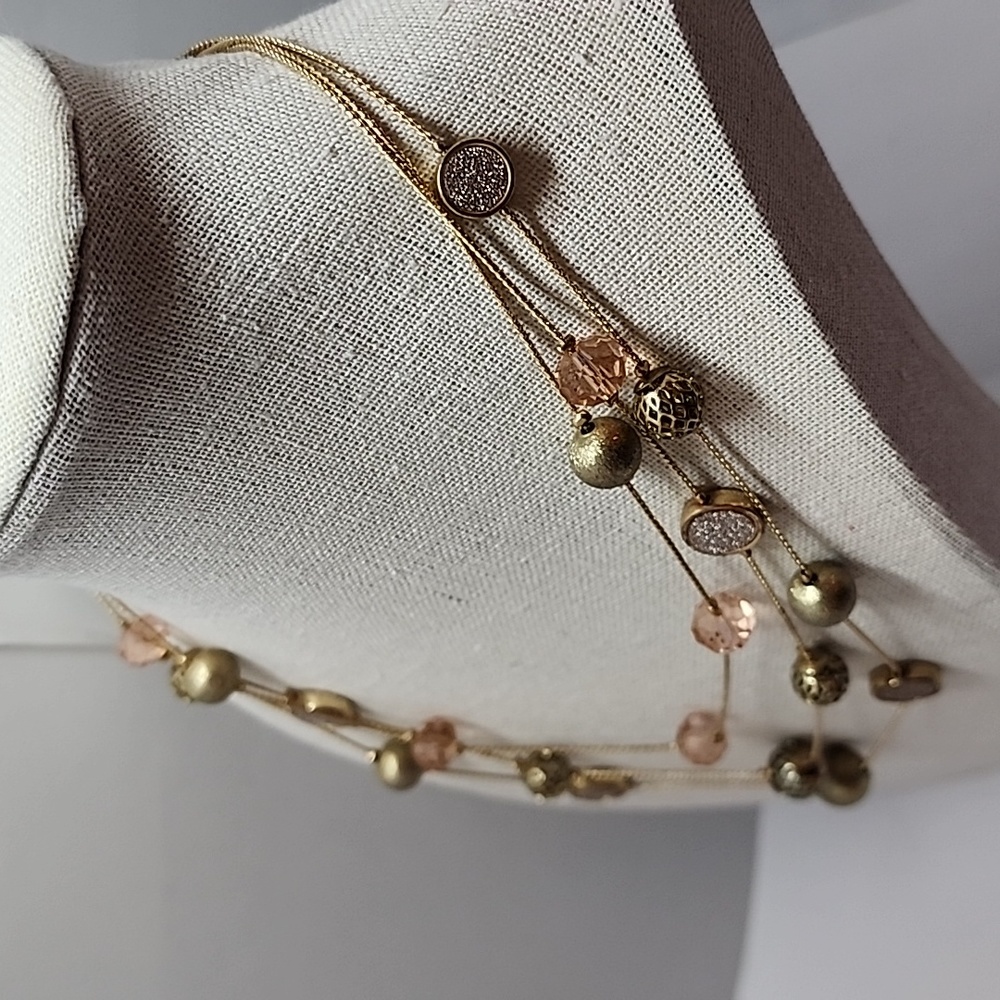 Three Strand Station Bead Ball Crystal Faux Pave Necklace - Picture 3 of 8